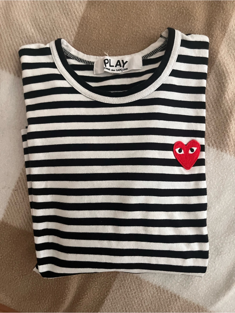 Comme des Garcons PLAY Women’s Black & White Striped Tee with Red Heart